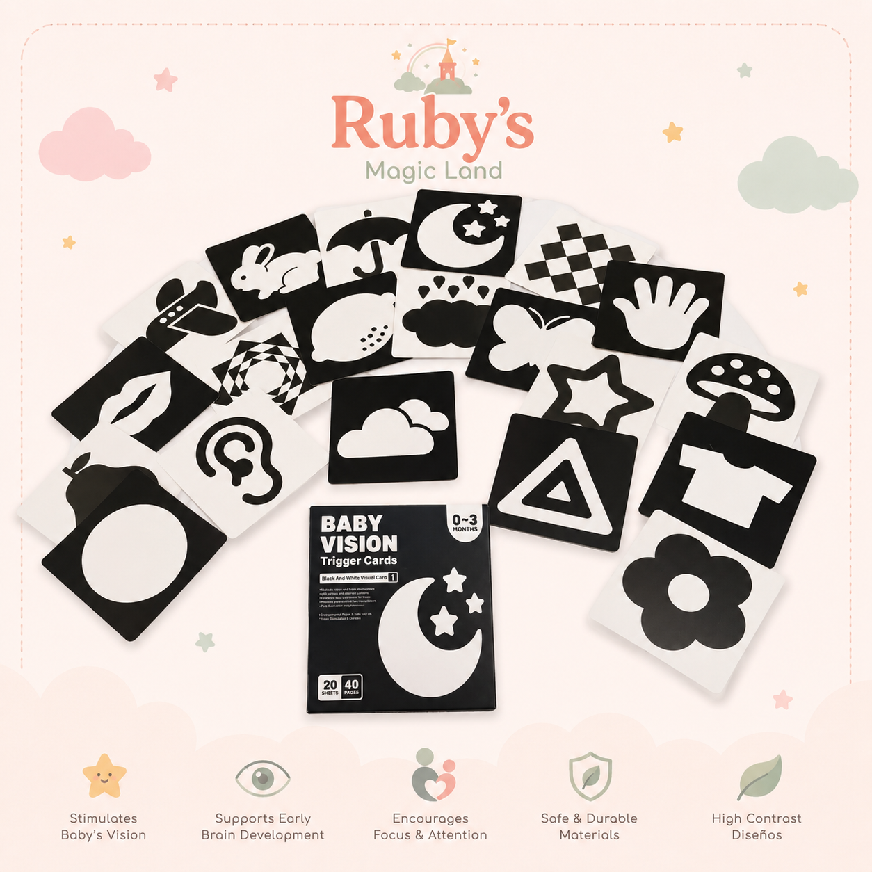 High contrast black and white baby vision trigger cards for newborns 0-3 months