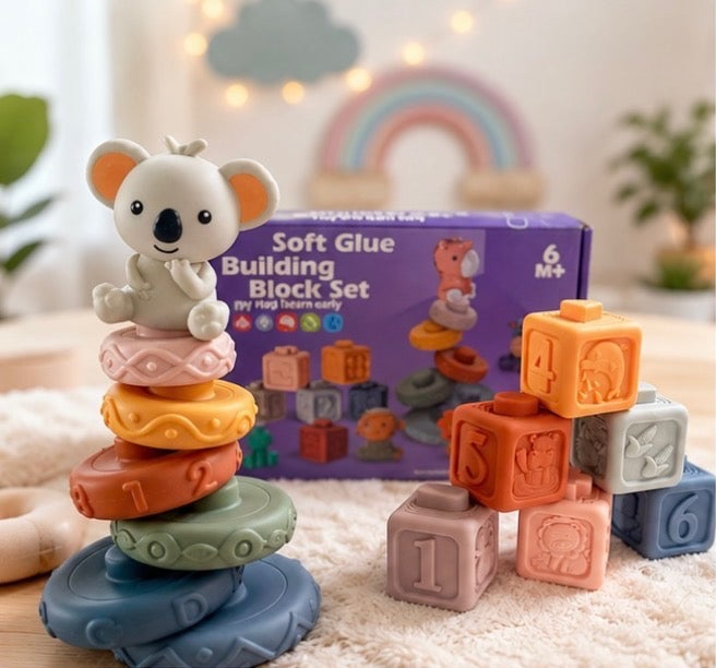 Soft Stacking Blocks & Rings Set — Montessori Sensory Building Toys 6-18 Months