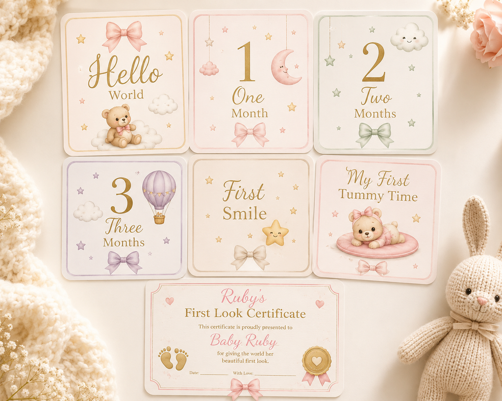 Watercolor baby milestone cards with Ruby's First Look Certificate — Hello World, One Month, First Smile, First Tummy Time